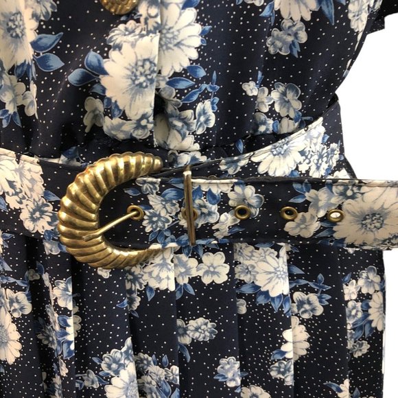 Vintage 80s Navy Blue Floral Print Pleater Belted Button Up Dress - Picture 5 of 9